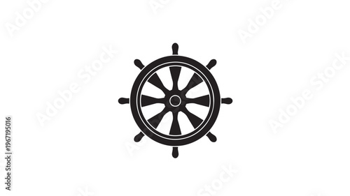 Ship wheel icon with spokes and a central hub, rendered as a clean black silhouette on a white background, symbolizing nautical navigation.