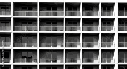Facade of a modern building with balconies in black and white.