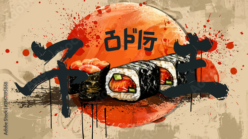 Sushi illustration with brush strokes and japanese calligraphy artwork