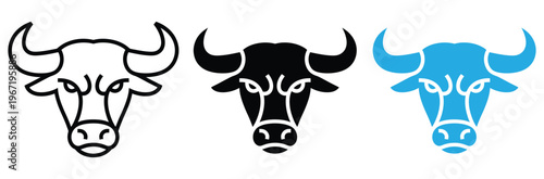 Bull Head Mascot Icon Set in Outline, Solid Glyph, and Flat Blue Styles for Sport and Business Logo.Bull head icons in black and blue colors for business and finance concepts