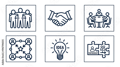 Business partnership and teamwork icons representing collaboration, idea sharing