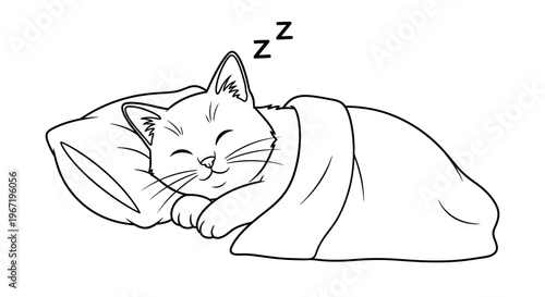 A cute, contented kitten peacefully sleeping soundly on a soft pillow under a cozy blanket, with 'Z's indicating deep slumber.