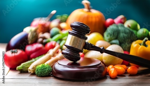 a judge s gavel rests on a wooden block amidst a variety of fresh produce and processed food items suggesting a food law or regulation concept