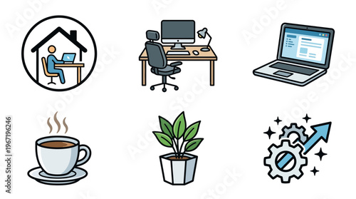 Remote work setup with laptop, office chair, coffee, and plant for productivity