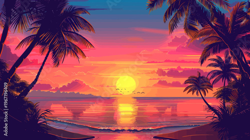 Vibrant sunset over ocean with palm trees tropical scenery colorful sky backdrop