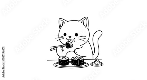A cute cartoon cat is happily eating sushi with chopsticks, enjoying a delicious meal.
