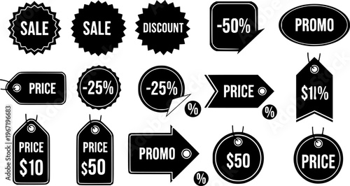 Retail commerce and shopping promotion icon set featuring simple black silhouettes of various discount labels and sale price tags – Black and White Vector Illustration