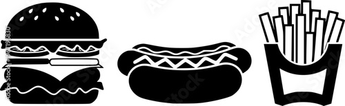 Fast food icons collection with burger hotdog and fries on transparent background silhouette – Black Vector Illustration