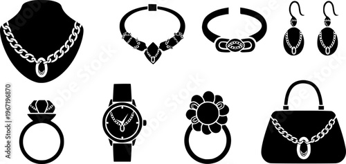 Jewelry and fashion accessories icon set featuring simple black silhouettes of various gold chain links – Black and White Vector Illustration