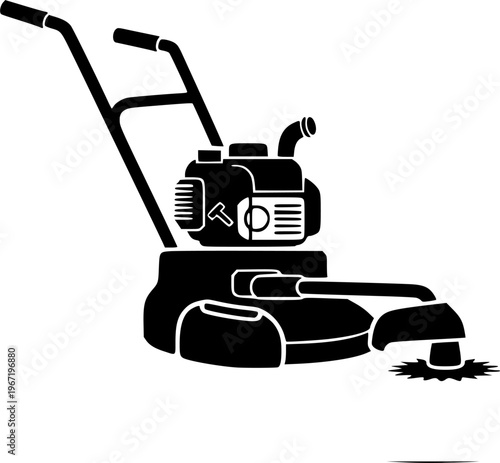 Gardening and landscaping equipment icon featuring a simple black silhouette of a gasoline powered grass cutter – Black and White Vector Illustration
