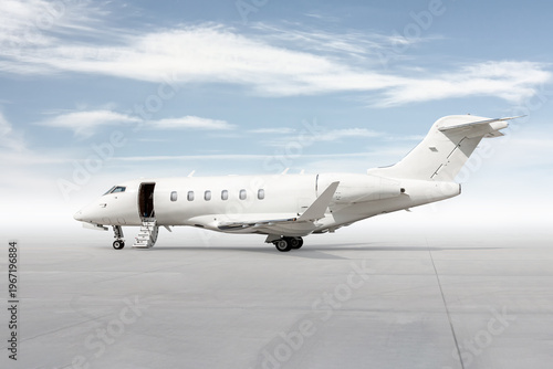 Modern white private jet with an opened gangway door isolated on bright background with sky