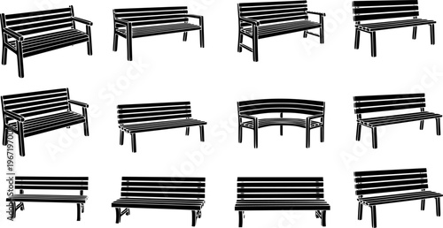 Outdoor garden and public park furniture icon set featuring simple brown and black silhouettes of wooden benches – Color Vector Illustration