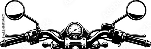 Motorcycle parts and transportation icon featuring a simple black silhouette of motorbike handlebars with side mirrors and handle controls – Black and White Vector Illustration