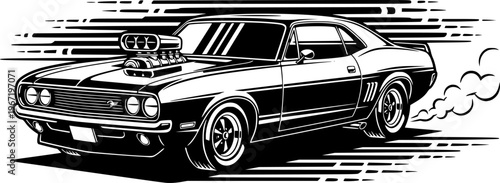 Classic Muscle Car Illustration Black and White Vintage Coupe with Supercharger – Black Vector Illustration