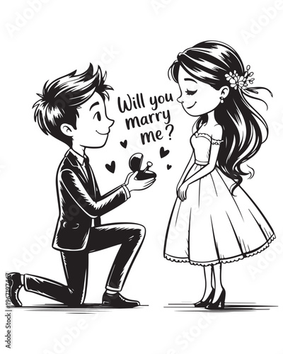 A romantic hand-drawn illustration showing a young man proposing to his beautiful girlfriend