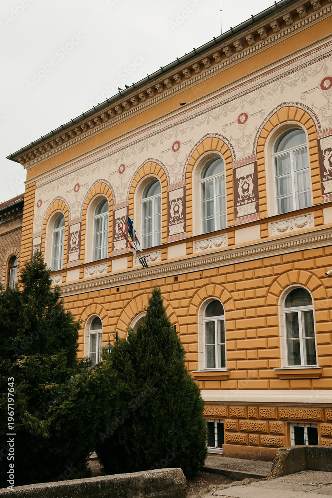 Fototapeta premium Historic yellow building with decorative facade located in Zrenjanin, Serbia under cloudy sky. European architecture and urban city concept.