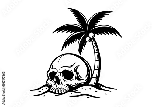 Skull and Palm Tree on Island Beach Vector Illustration.