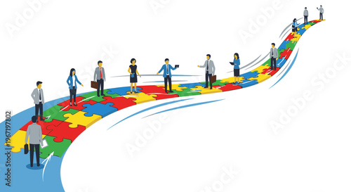 Diverse group of people connecting on a colorful puzzle piece pathway