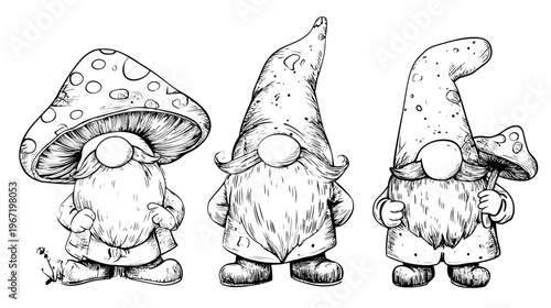 Three whimsical gnome characters in detailed line art isolated on white background