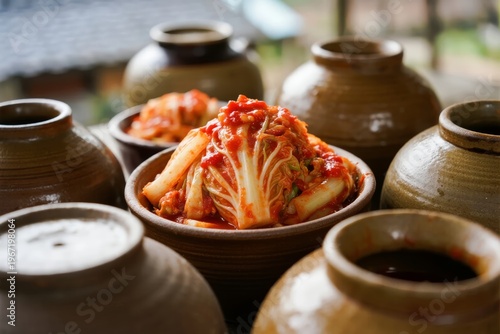 Freshly prepared kimchi in a ceramic bowl surrounded by traditional earthen jars.