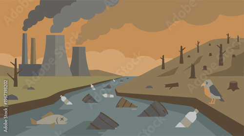 Environmental pollution with industrial factories, polluted river, and deforestation.