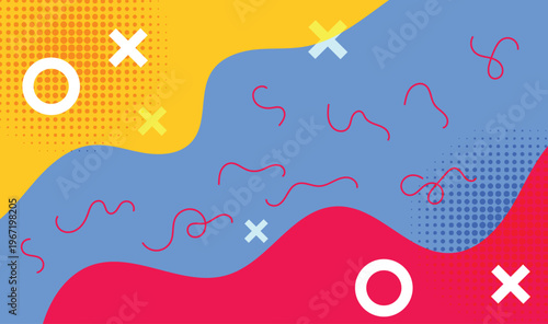 Playful Abstract Pattern with Tic Tac Toe Symbols, Wavy Squiggles and Halftone Dots, Colorful Yellow Blue Red Background, Modern Vector Illustration 
