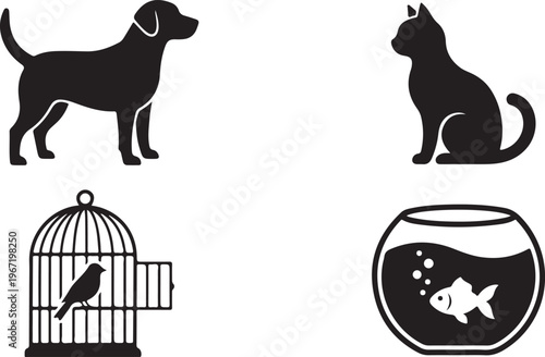 Set of pet icons: dog, cat, bird in cage, and fish in bowl, black and white silhouettes, white background, pet ownership, animal lovers, pet care