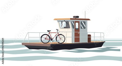 Boat with bicycle on deck floating on water