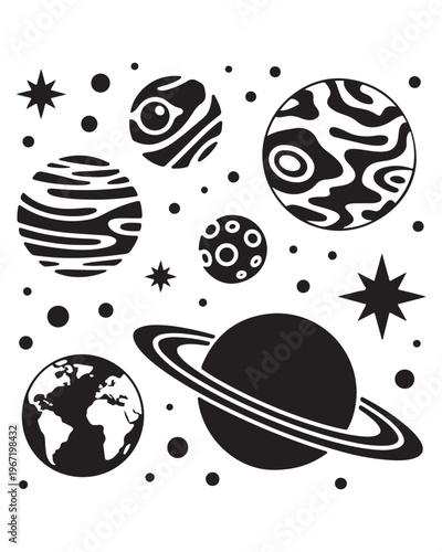 A black and white illustration featuring a collection of various planets and stars in deep space