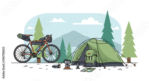 Camping gear with bicycle in forest