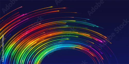 This futuristic wallpaper features a bright abstract design of colorful glowing rainbow waves and swirling fractal lines that create a vibrant artistic texture with energetic motion and light