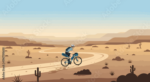 Cyclist riding through desert landscape with cacti and mountains