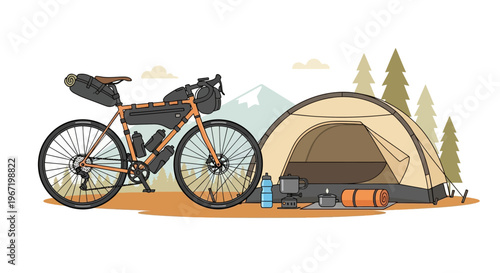 Camping bicycle with tent and outdoor gear