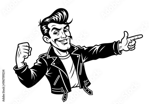 Retro Rocker Guy with Leather Jacket and Pompadour Hairstyle.
