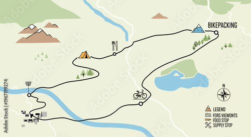 Bikepacking route map with campsite, food stops, and scenic views