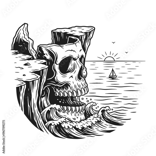 Skull emerging from ocean waves with cliffside.