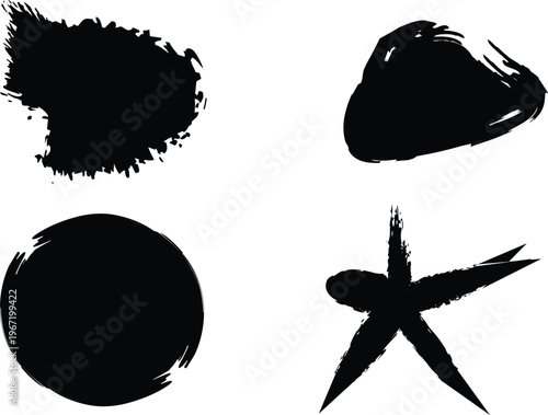 Grunge black ink brush strokes set, hand drawn paint splatter and textured circle vector, 4 abstract artistic ink blot elements for design