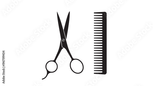 Scissors and comb icon with sharp blades and many teeth, representing professional hair cutting and styling tools.