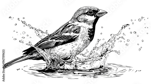 Sparrow splashing in water detailed ink illustration of avian behavior