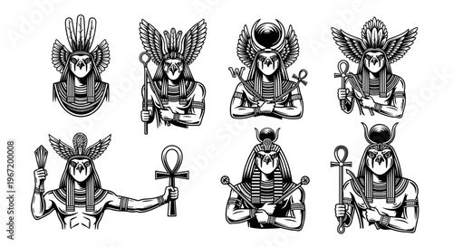 Collection of Ancient Egyptian Gods and Goddesses Illustrations.