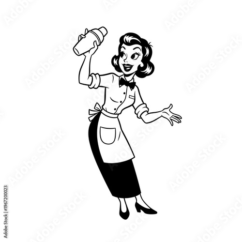 Retro Bartender Woman Shaking Cocktail in Vintage Style.