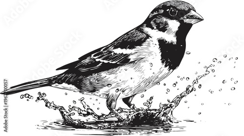 Sparrow landing in water detailed illustration black and white