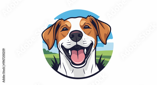 A joyful cartoon dog smiles widely in a circular portrait with a grassy background
