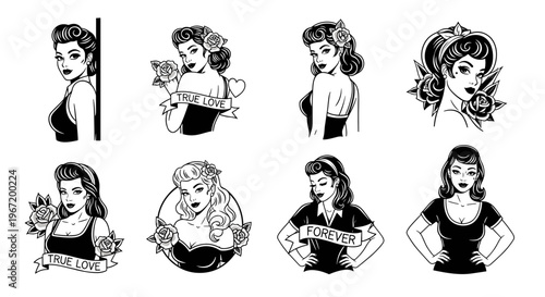 Collection of eight vintage pin-up girl illustrations in black and white, showcasing various poses and styles.