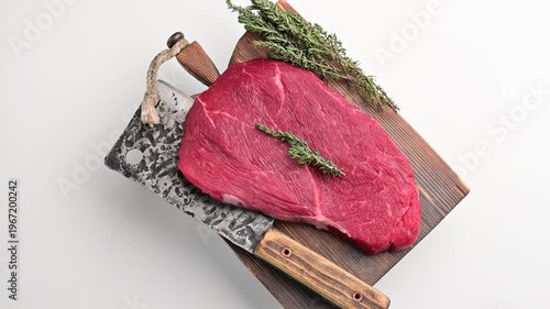 Meat preparation with fresh herbs on a wooden cutting board in a kitchen setting