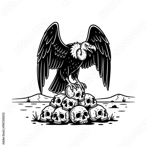 Vulture Perched on Pile of Skulls Illustration.
