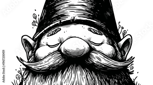 Charming black and white illustration of a gnome with a long beard