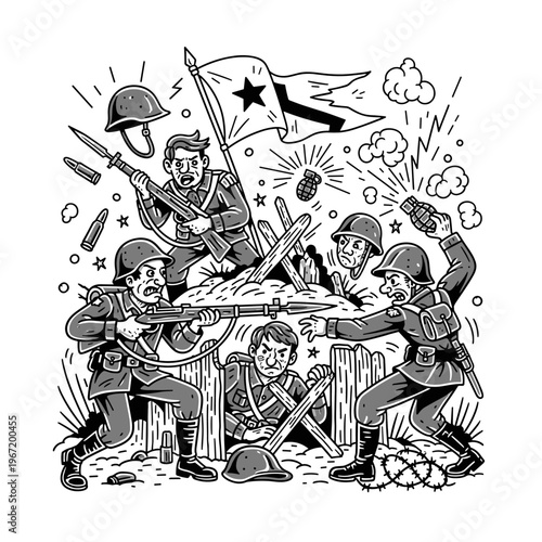 Dynamic illustration of soldiers in intense combat during a historical war.