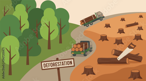 Deforestation: Logging trucks removing wood from a clear-cut forest