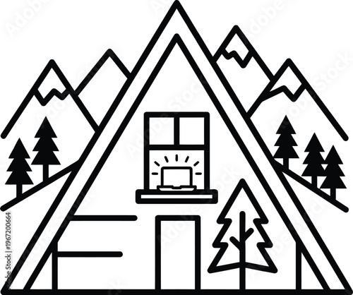 Modern Mountain House Vector Line Art with Pine Trees